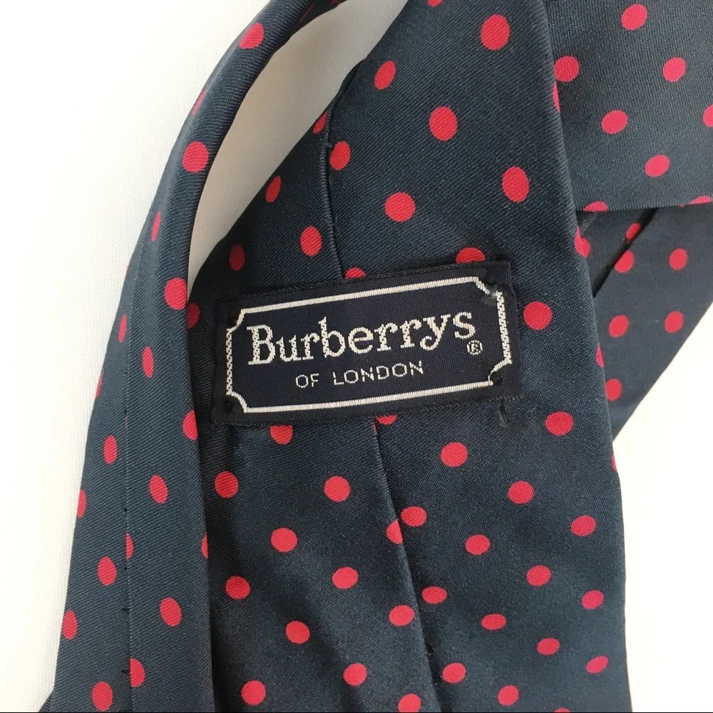 Vintage Burberry Silk Navy Red Polka Dot Tie